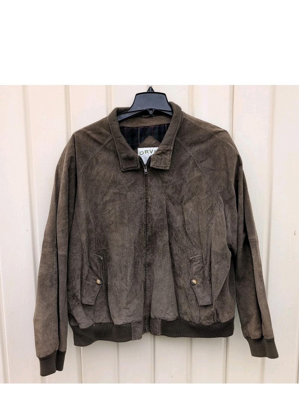 Vtg Orvis Jacket Mens XXL Leather Suede Harrington Plaid Lined Bomber Western